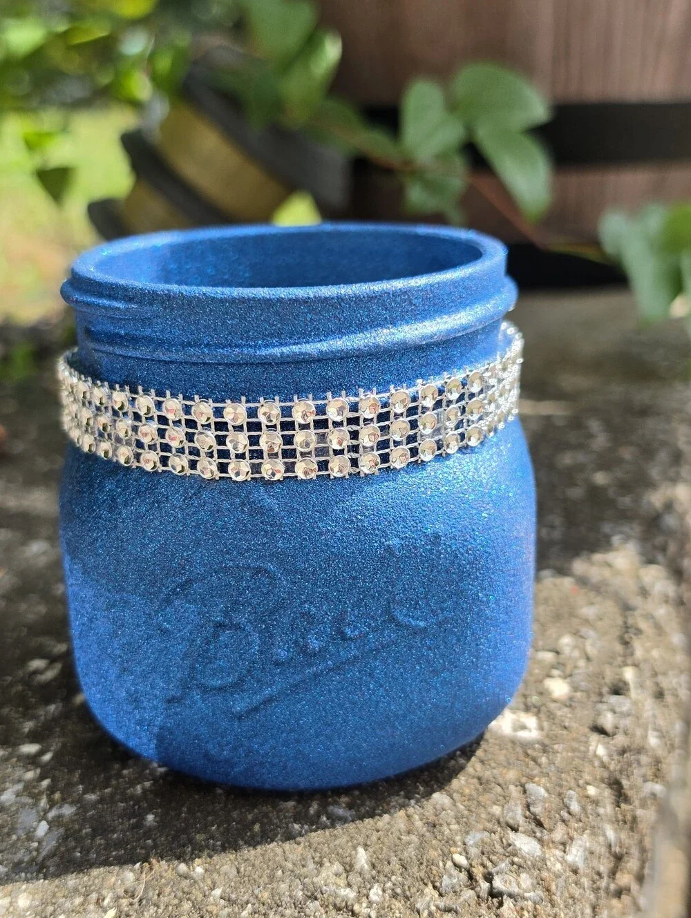 Blue Glitter Bling Rhinestone Pint Widemouth Mason Jar for Wedding